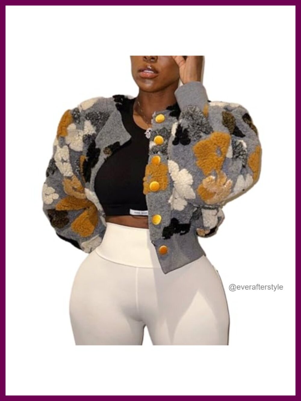 Cropped Floral Fleece Bomber Jacket Puff Sleeve Button Down